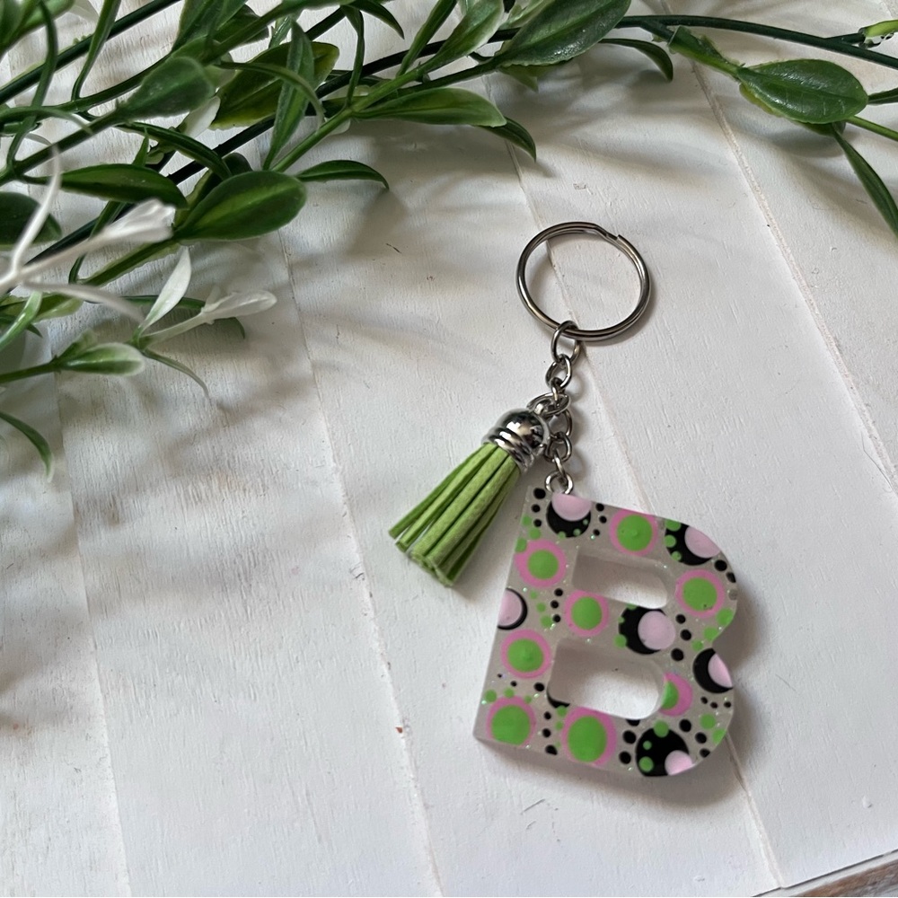 New Letter B Keychain with Green Tassel